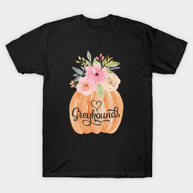 Heart Greyhounds Carved Pumpkin with Fall Flowers T-Shirt by Houndie Love